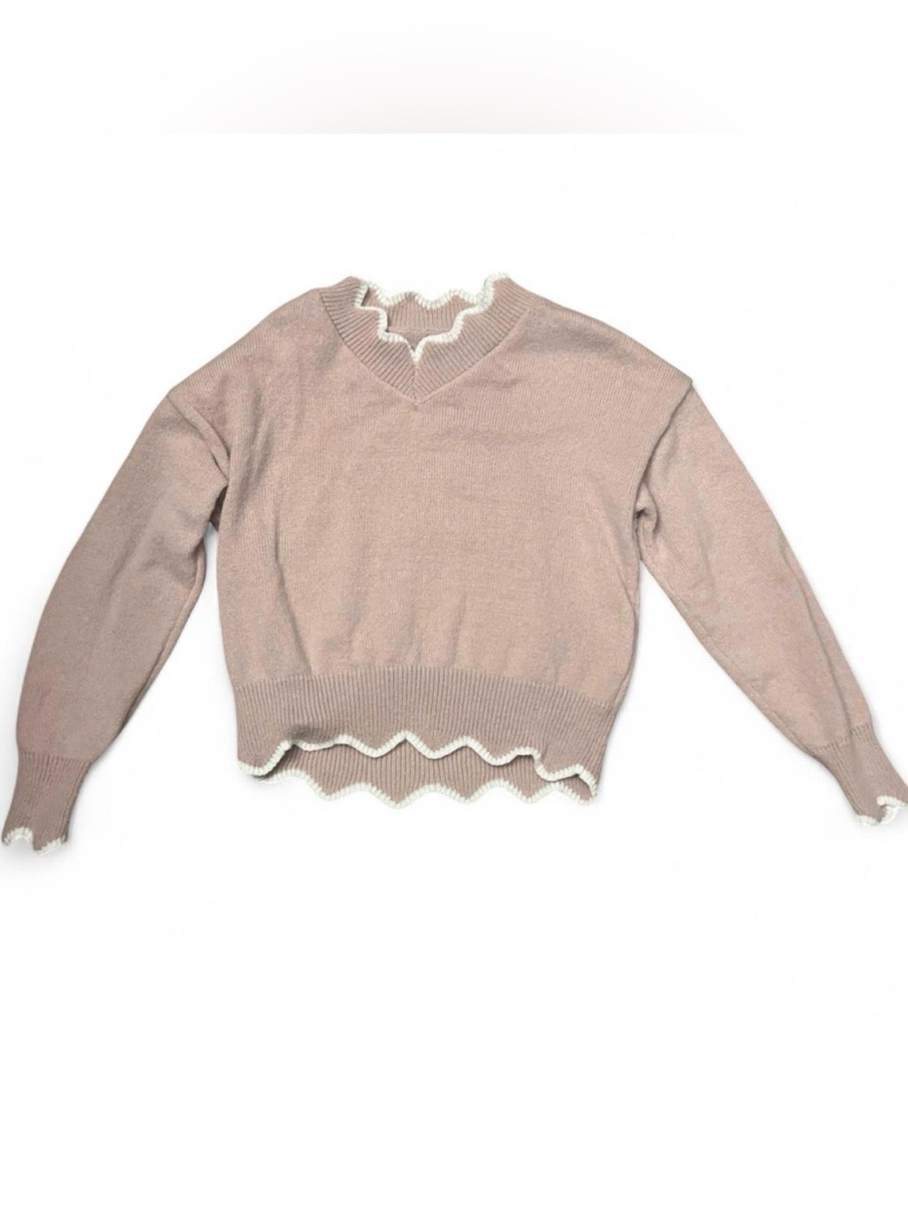 Emery Rose Women's V-Neck Scallop Hem Sweater in Blush Pink Size Medium